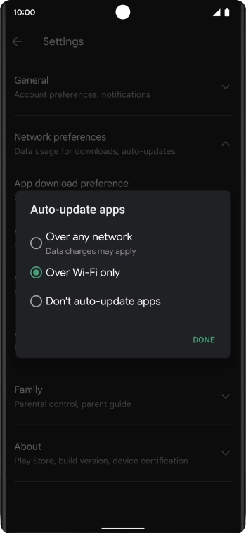 To turn on automatic update of apps using mobile network, press Over any network.