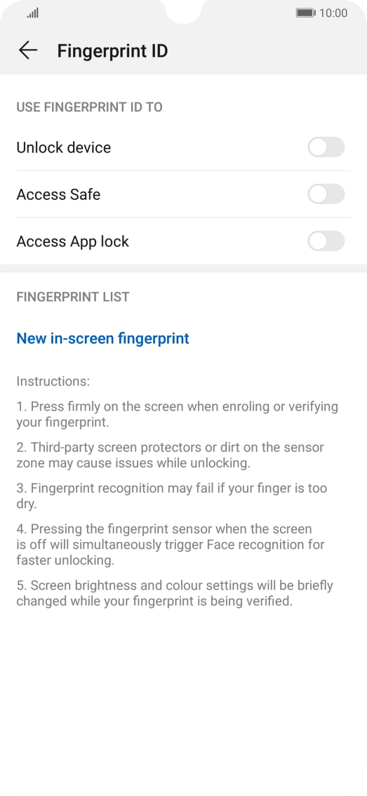 Press New in-screen fingerprint.