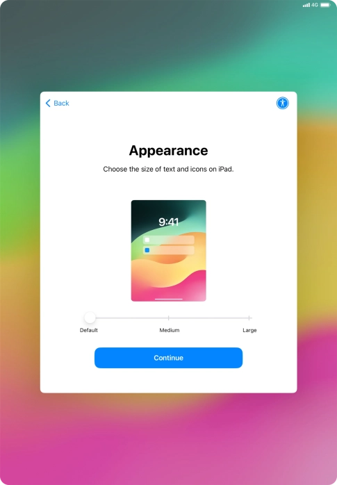Select the required text and icon size on your tablet and press Continue.