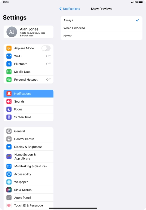 To select notification preview on the lock screen, press Always.