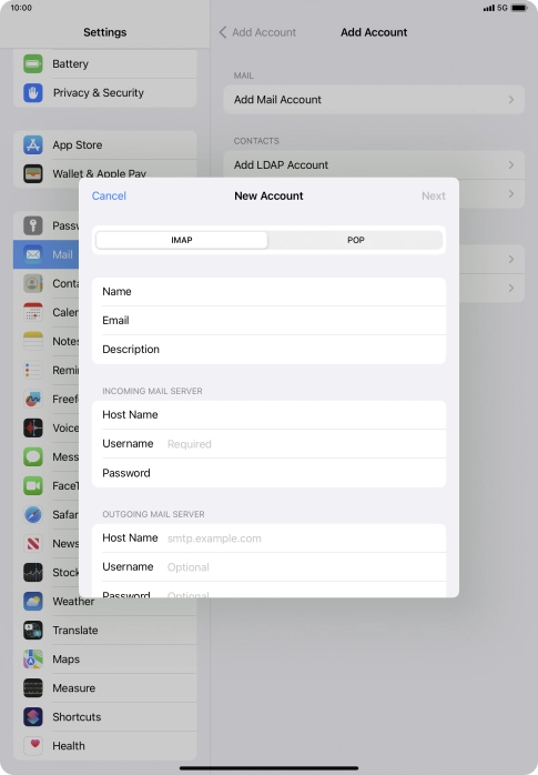 Press Username and key in the username for your email account.