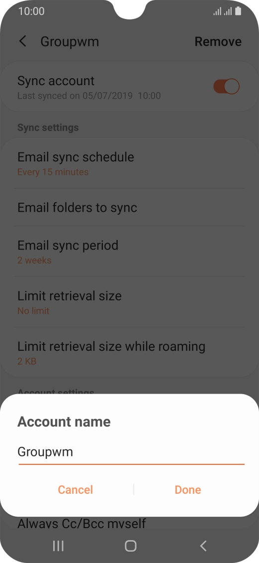 Key in the required name for the email account and press Done.