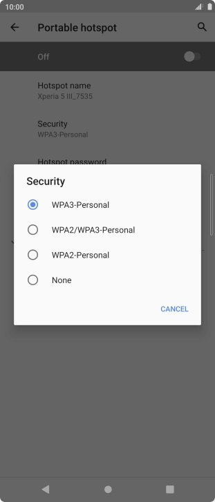 Press WPA3-Personal to password protect your Wi-Fi hotspot.