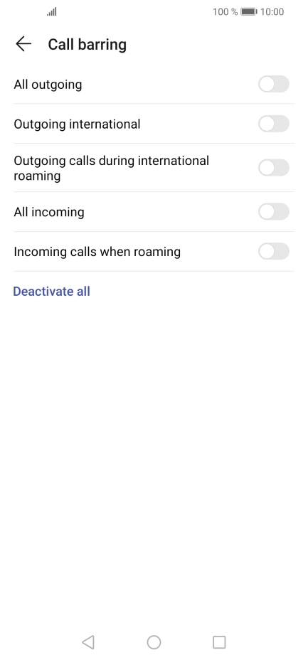 Press the indicator next to the required barring type to turn the function on or off.
