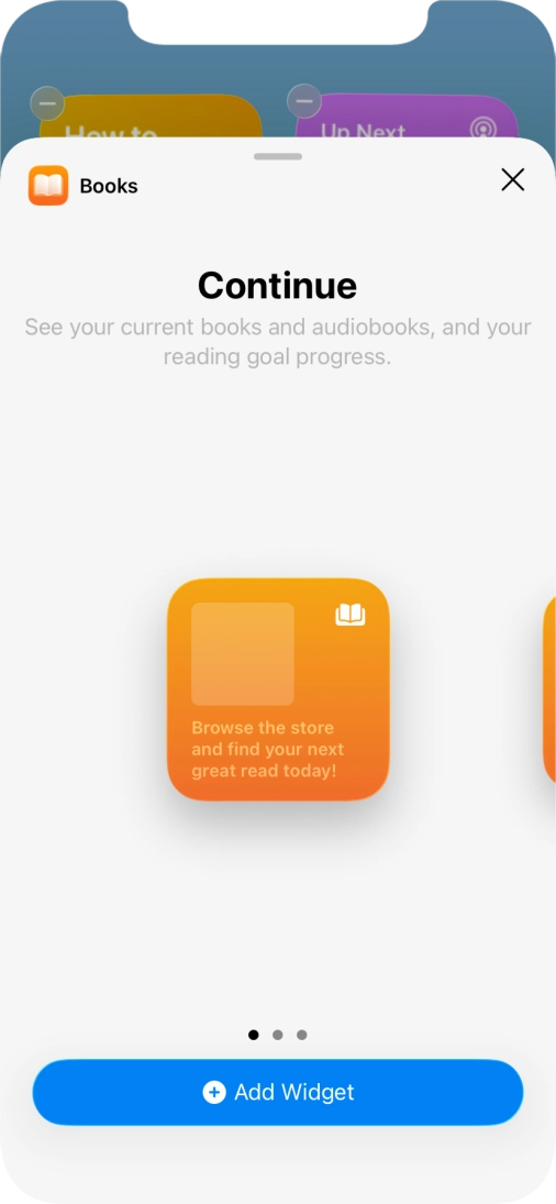 Slide your finger right or left on the screen to select the required widget size.