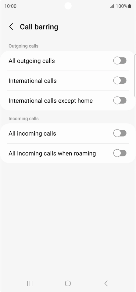 Press the indicator next to the required barring type to turn the function on or off.