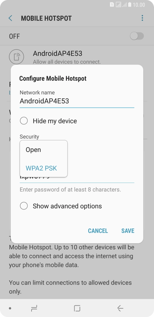Press WPA2 PSK to password protect your Wi-Fi hotspot.
