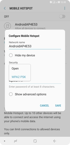 Press WPA2 PSK to password protect your Wi-Fi hotspot.