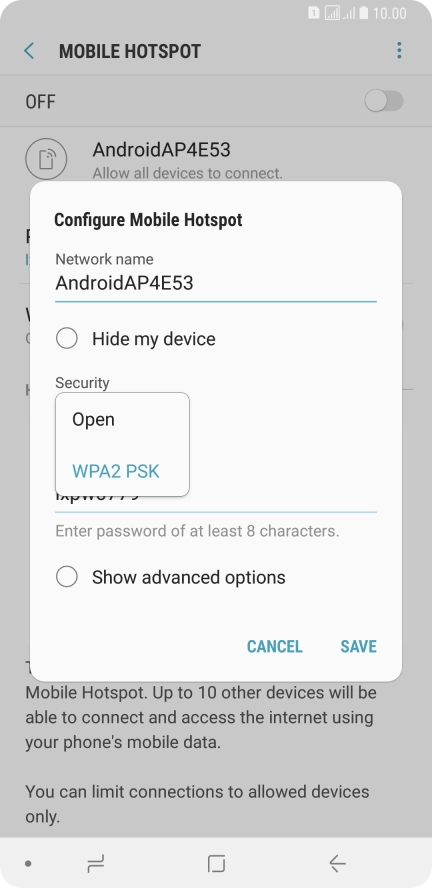 Press WPA2 PSK to password protect your Wi-Fi hotspot.
