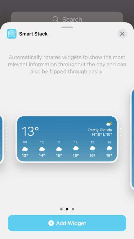 Slide your finger right or left on the screen to select the required widget size.