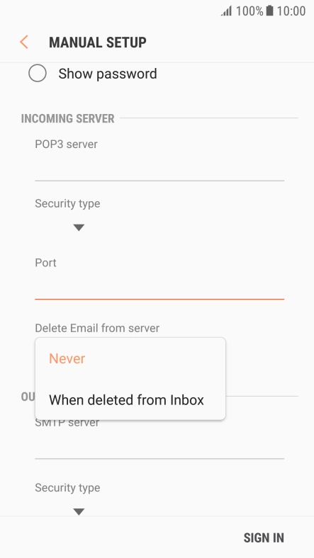 Press Never to keep email messages on the server when you delete them on your phone.