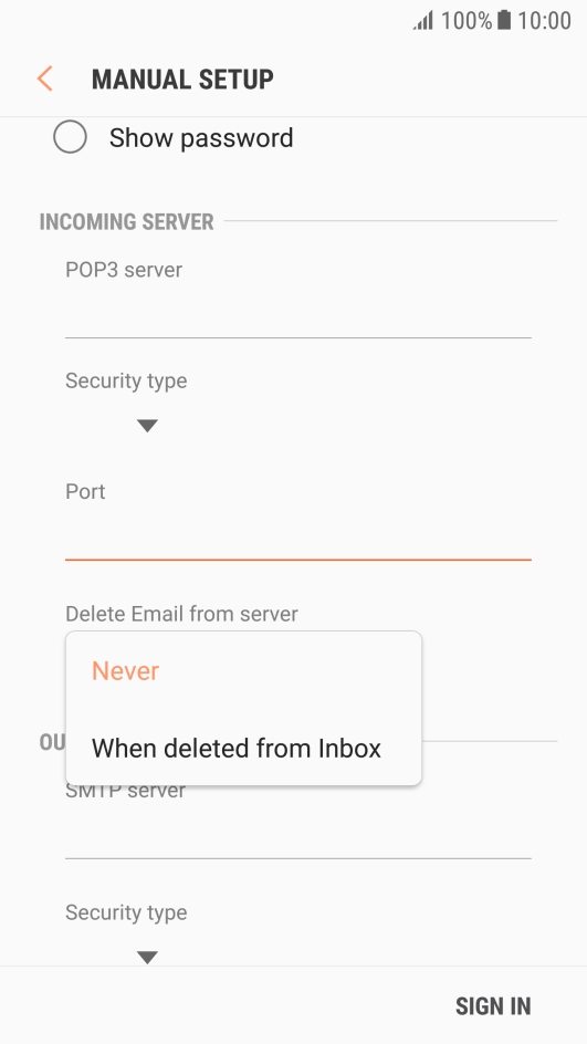 Press Never to keep email messages on the server when you delete them on your phone.