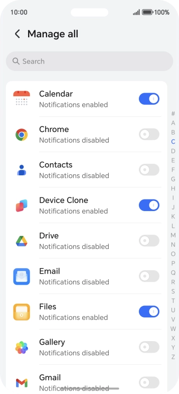 Press the indicators next to the required apps to turn the function on or off.