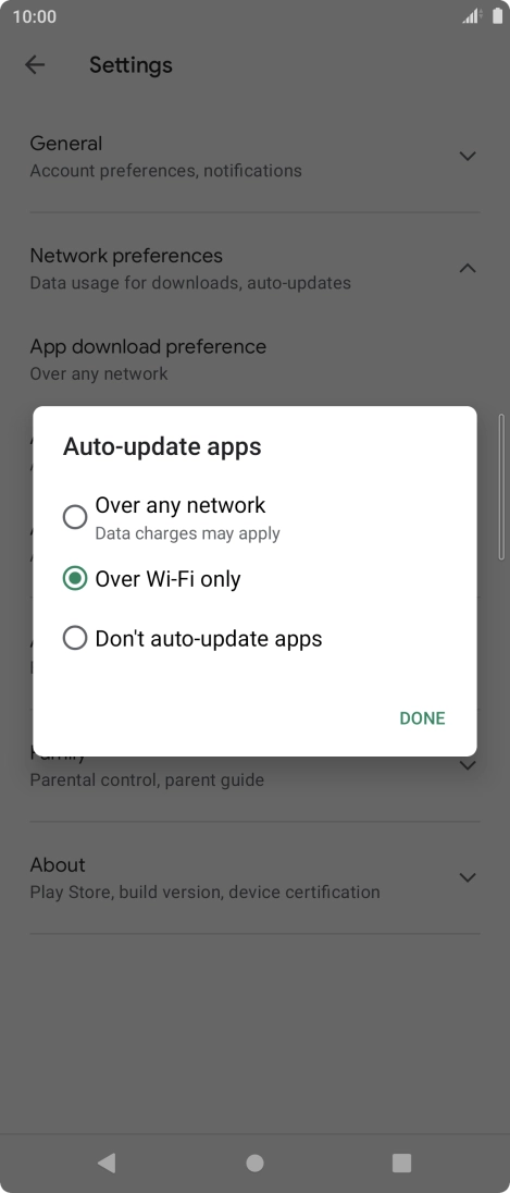 To turn on automatic update of apps using mobile network, press Over any network.