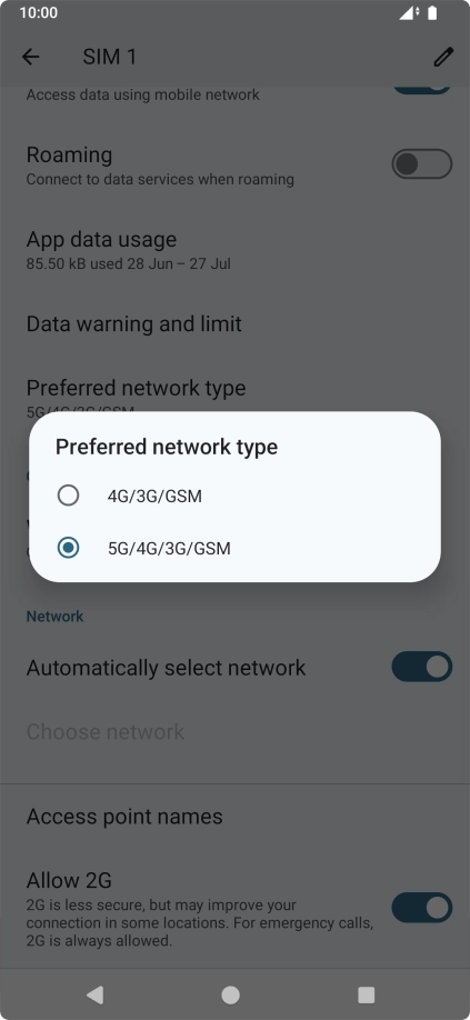 Press the required network mode.