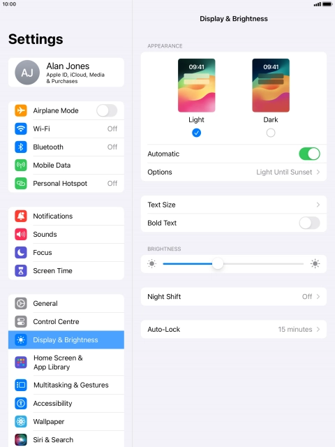 If you turn on the function, press Options and follow the instructions on the screen to select the required period of time for Dark Mode.