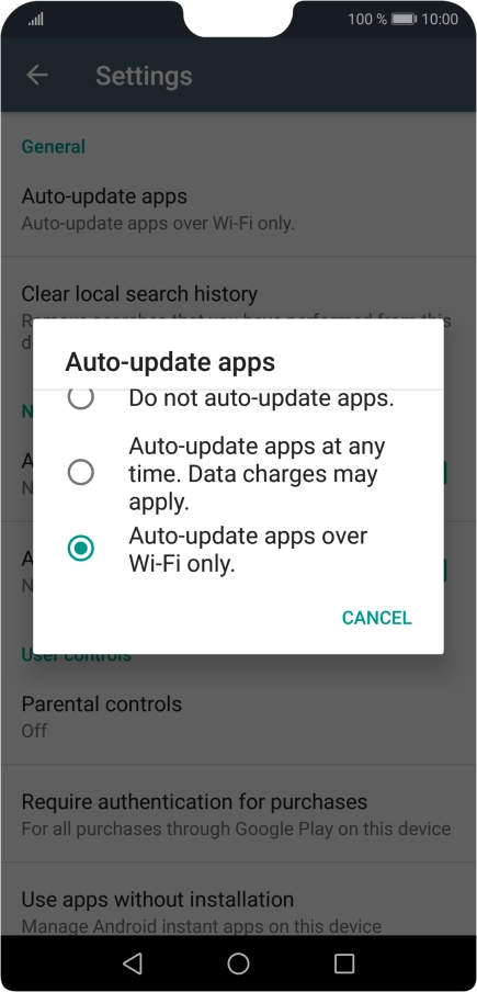 To turn on automatic update of apps using mobile network, press Auto-update apps at any time. Data charges may apply..