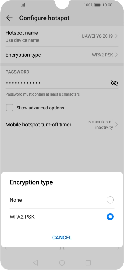 Press WPA2 PSK to password protect your Wi-Fi hotspot.