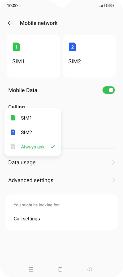 Press the required setting.