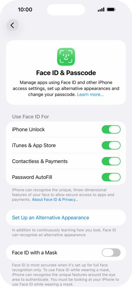 Press the indicators next to the required settings to turn them on or off.