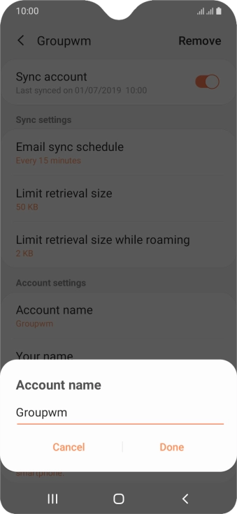 Key in the required name for the email account and press Done.