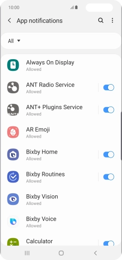 Press the indicator next to the required app to turn the function on or off.