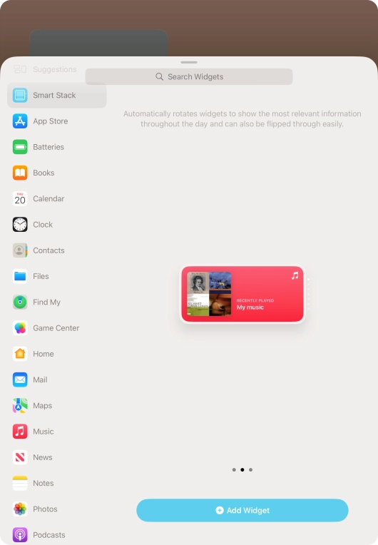Slide your finger right or left on the screen to select the required widget size.