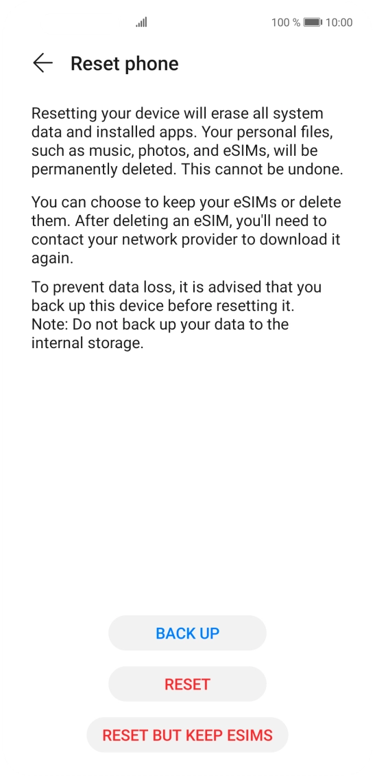 Press RESET. Wait a moment while the factory default settings are restored. Follow the instructions on the screen to set up your phone and prepare it for use.