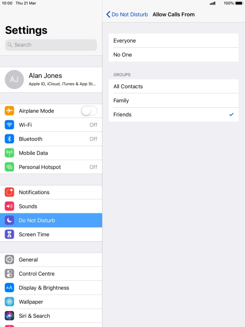Press the required setting to select which contacts can call you even though Do Not Disturb is turned on.