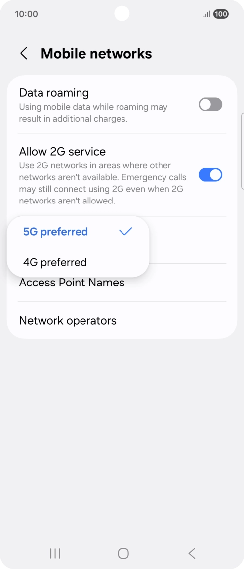 Press the required network mode.