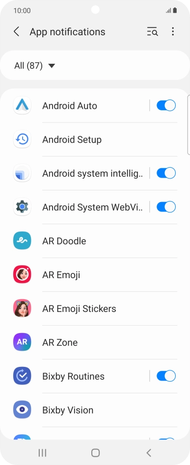 Press the indicators next to the required apps to turn the function on or off.