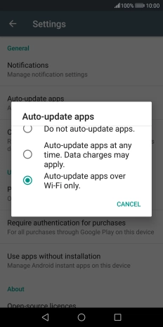 To turn on automatic update of apps using mobile network, press Auto-update apps at any time. Data charges may apply..