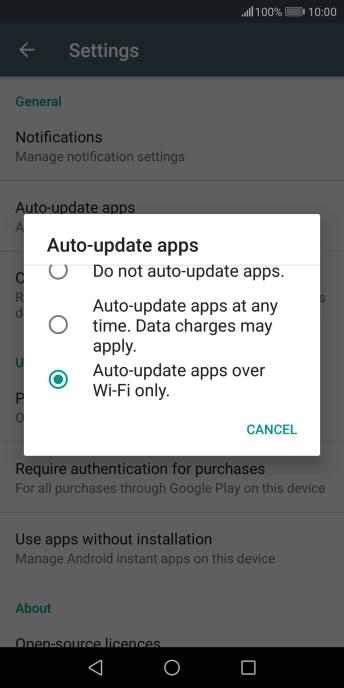 To turn on automatic update of apps using mobile network, press Auto-update apps at any time. Data charges may apply..