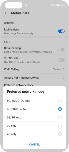 Press the required network mode.