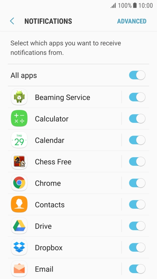 Press the indicator next to the required app to turn the function on or off.
