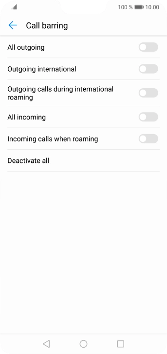 Press the indicator next to the required barring type to turn the function on or off.