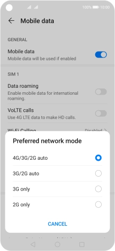 Press the required network mode.