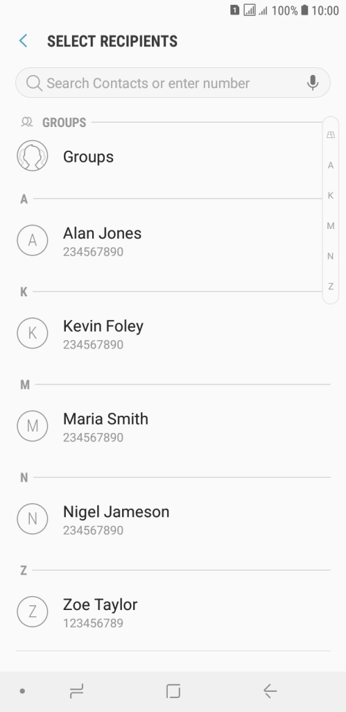 Press the search field and key in the first letters of the recipient's name.