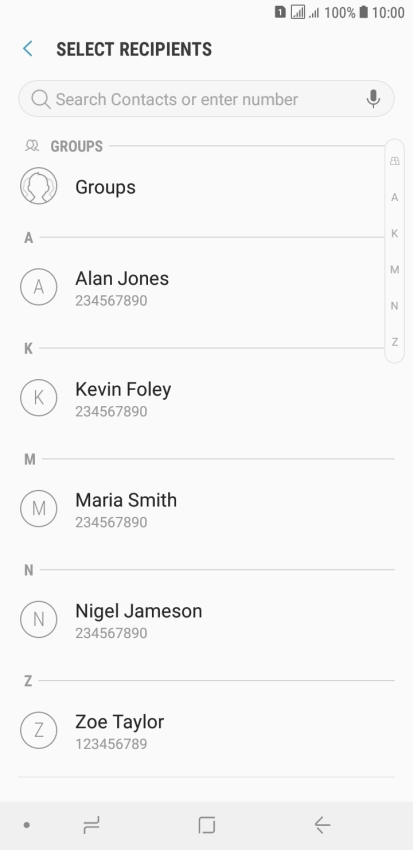 Press the search field and key in the first letters of the recipient's name.