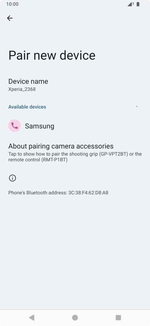 Press the required Bluetooth device and follow the instructions on the screen to pair the device with your phone.