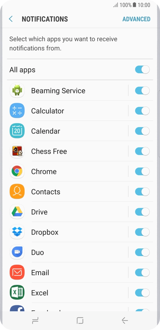 Press the indicator next to the required app to turn the function on or off.
