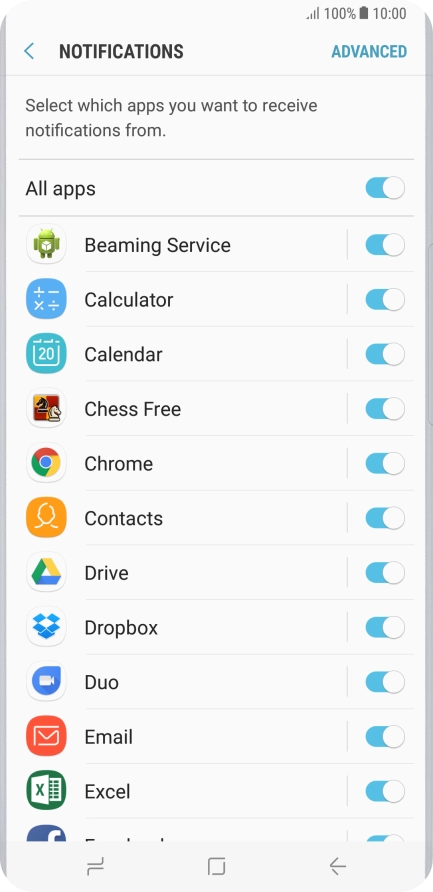 Press the indicator next to the required app to turn the function on or off.