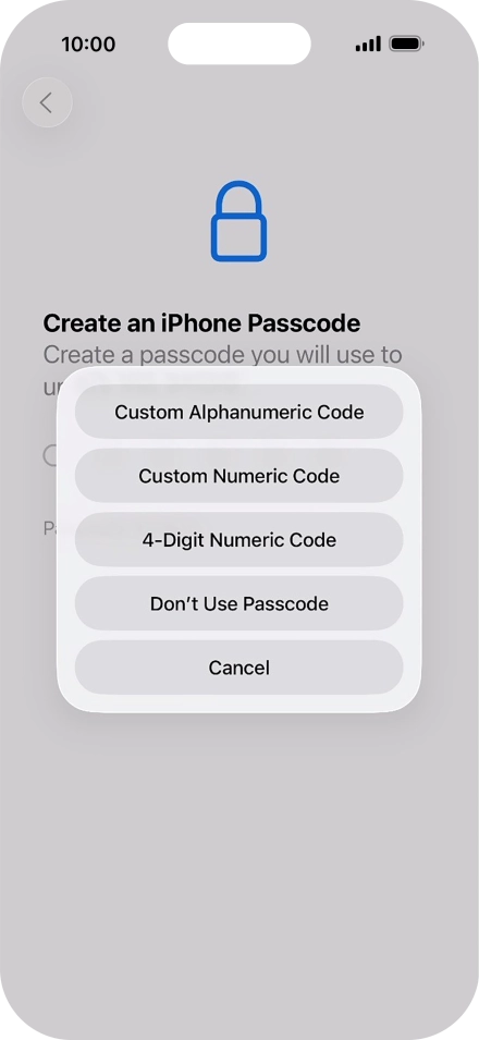 Follow the instructions on the screen to turn on use of phone lock code or press Don't Use Passcode.