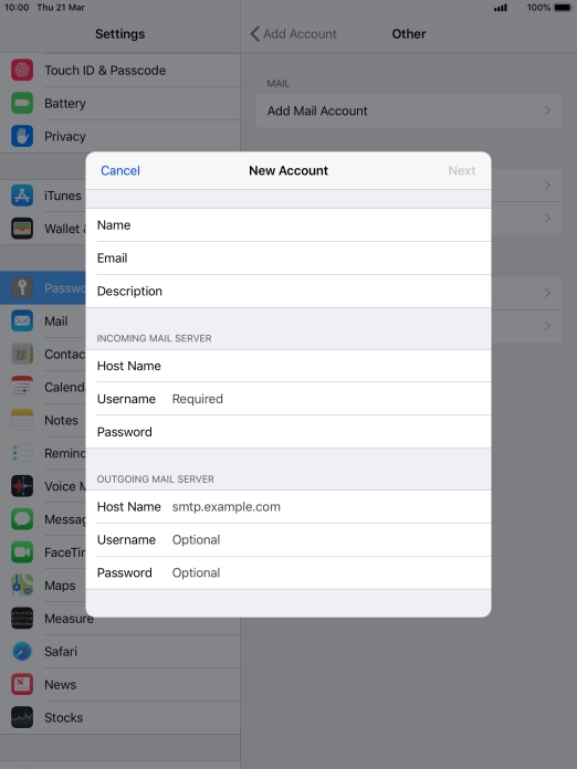 Press Username and key in the username for your email account.