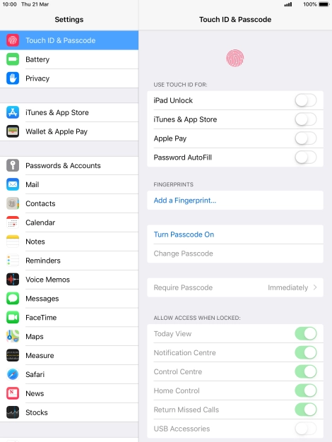 Press Turn Passcode On and key in a lock code of your own choice twice.