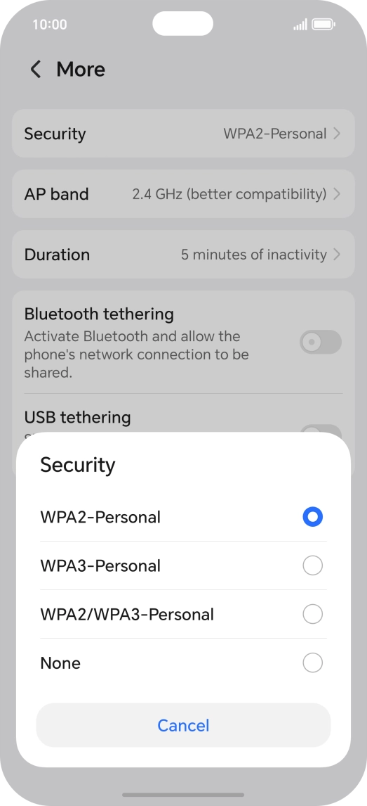 Press WPA3-Personal to password protect your Wi-Fi hotspot.