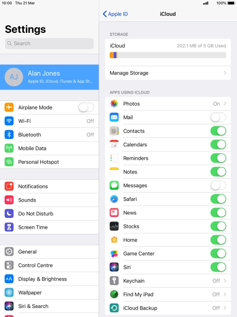Press iCloud Backup.