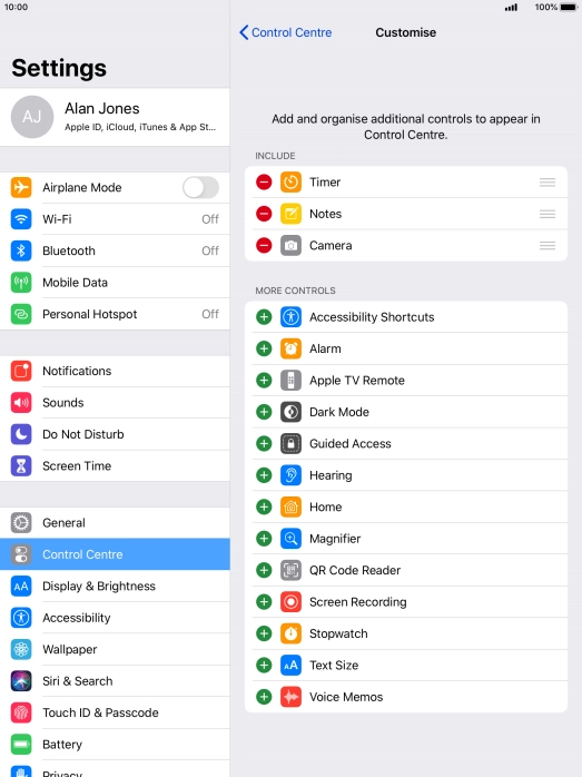 Press the delete icon next to the required function to remove it from Control Centre.