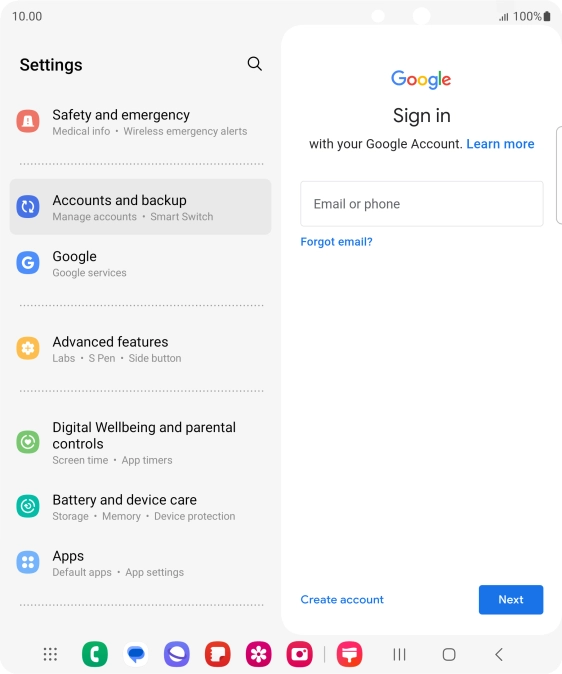 If you don't have a Google account, press Create account and follow the instructions on the screen to create an account.