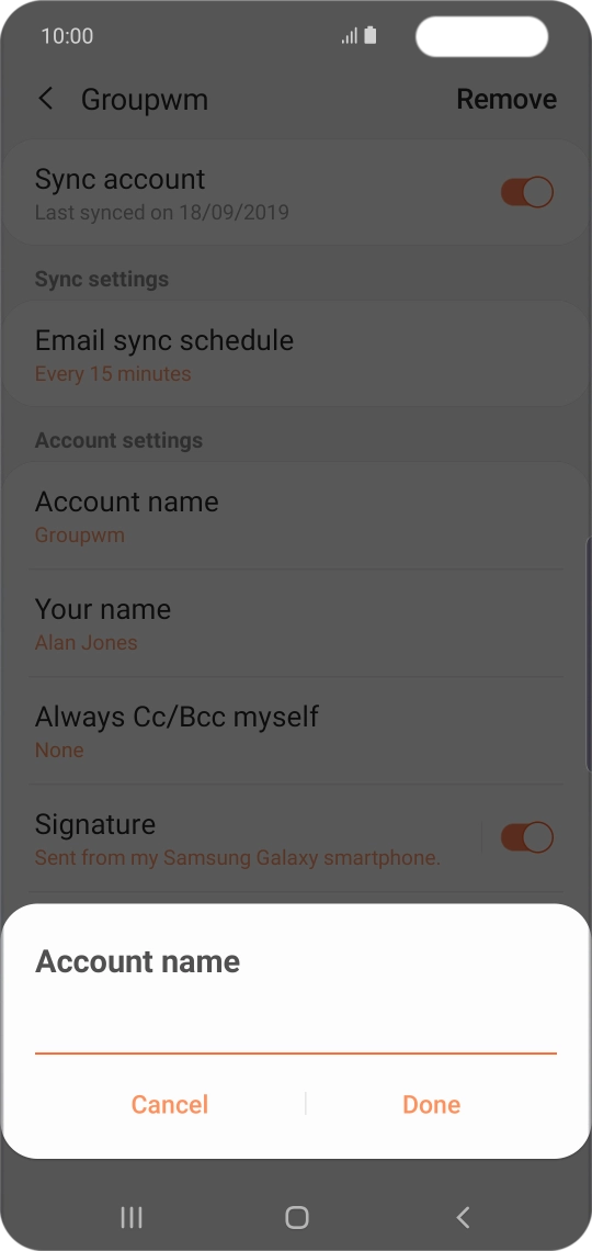 Key in the required name for the email account and press Done.